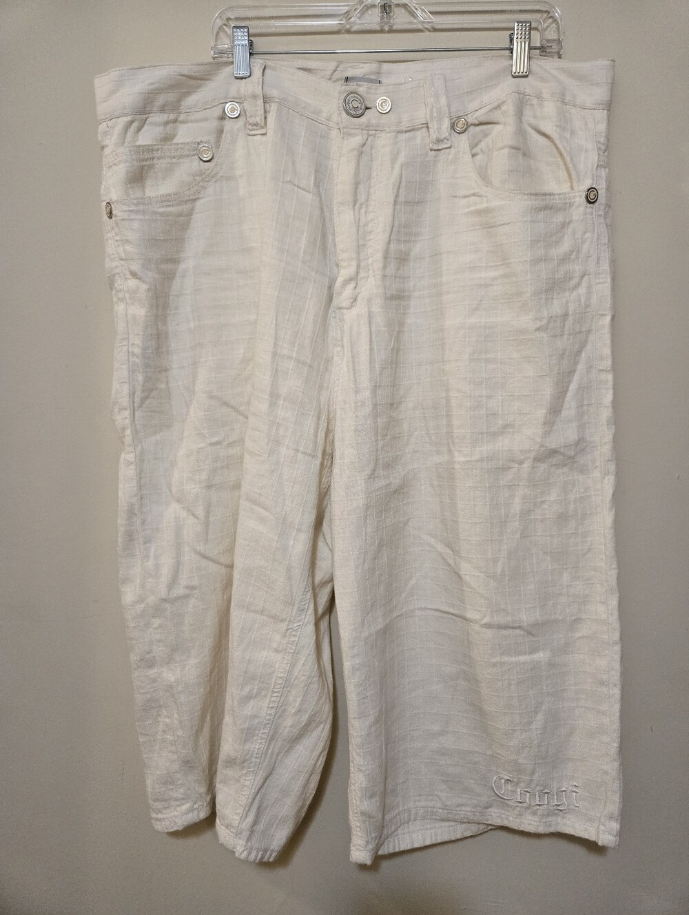 Vintage Y2K Coogi Baggy Linen Jorts Off-White Embroidered Long Shorts Size W40